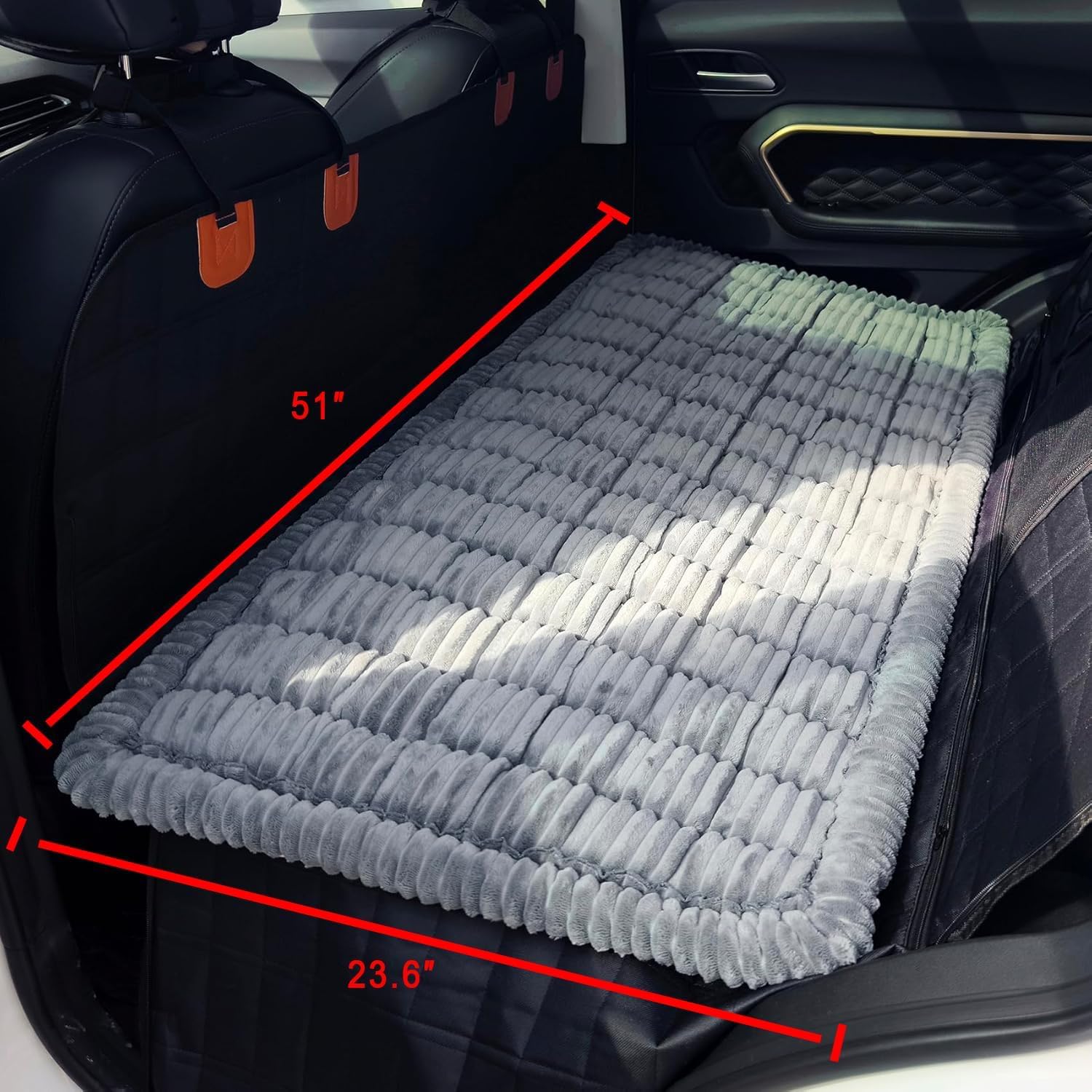 Dog car bed dimensions: 51 inches wide by 23.6 inches deep, shown on a back seat extender