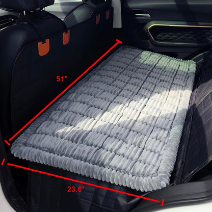 Dog car bed dimensions: 51 inches wide by 23.6 inches deep, shown on a back seat extender