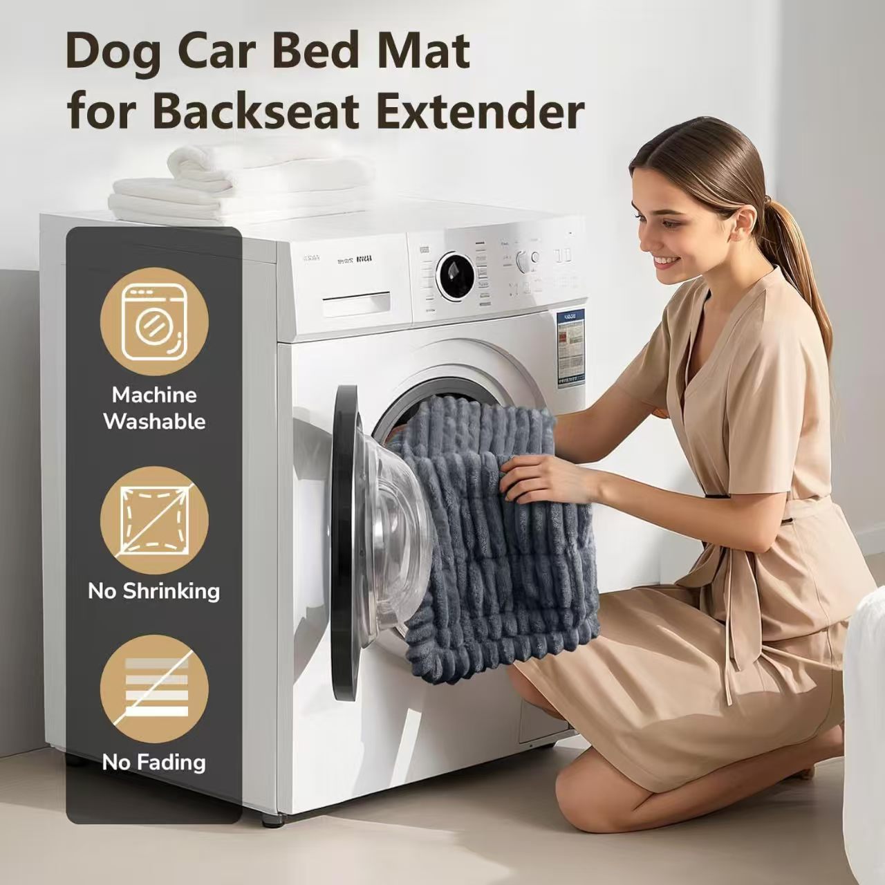 Machine washable dog car bed mat being loaded into a washing machine - no shrinking, no fading