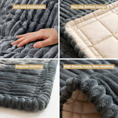 Close-ups of the soft plush surface, non-slip quilted backing and stitched edge of the dog car bed