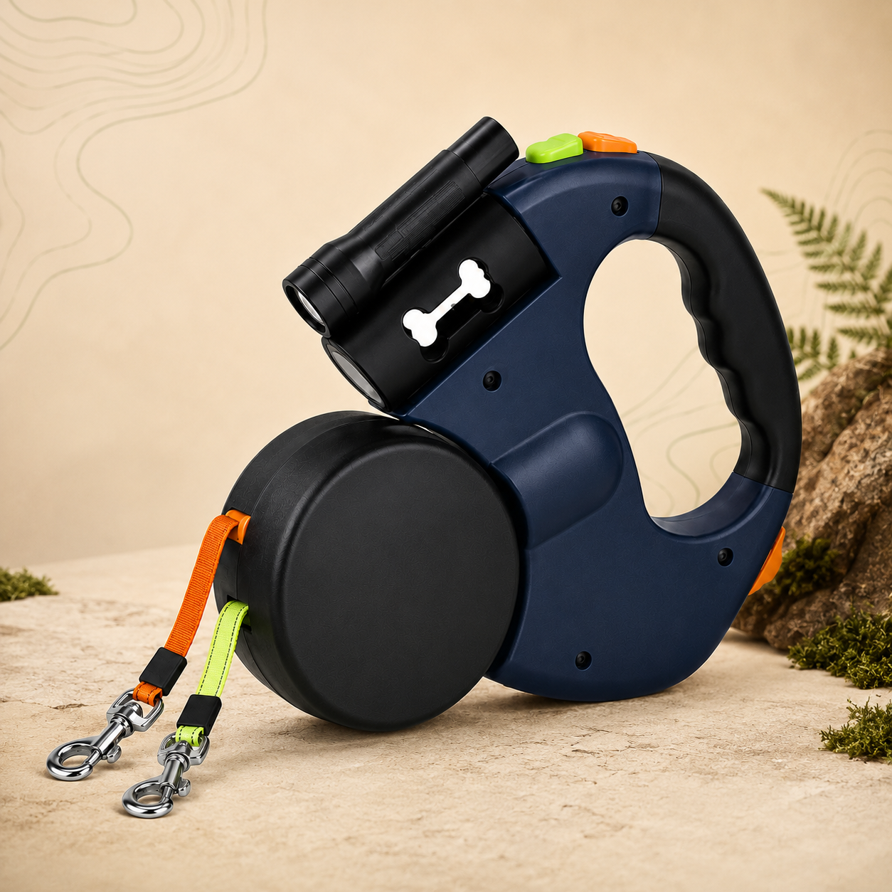 A retractable dog leash with a navy blue and black handle, a black reel, and bright orange and neon green straps, styled on a sandy surface with rocks and plants.