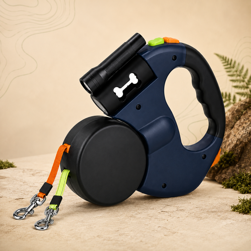 A retractable dog leash with a navy blue and black handle, a black reel, and bright orange and neon green straps, styled on a sandy surface with rocks and plants.