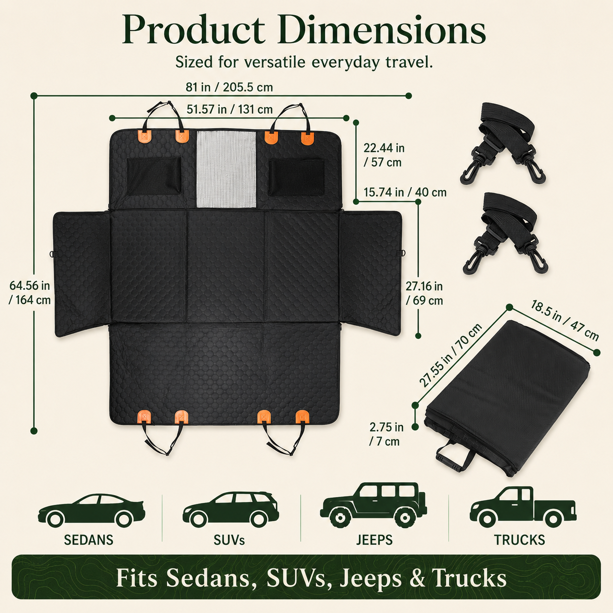 RoadGuard dog seat extender dimensions diagram showing a 51.57 inch wide by 27.16 inch deep hard bottom platform, fits sedans, SUVs, Jeeps and trucks