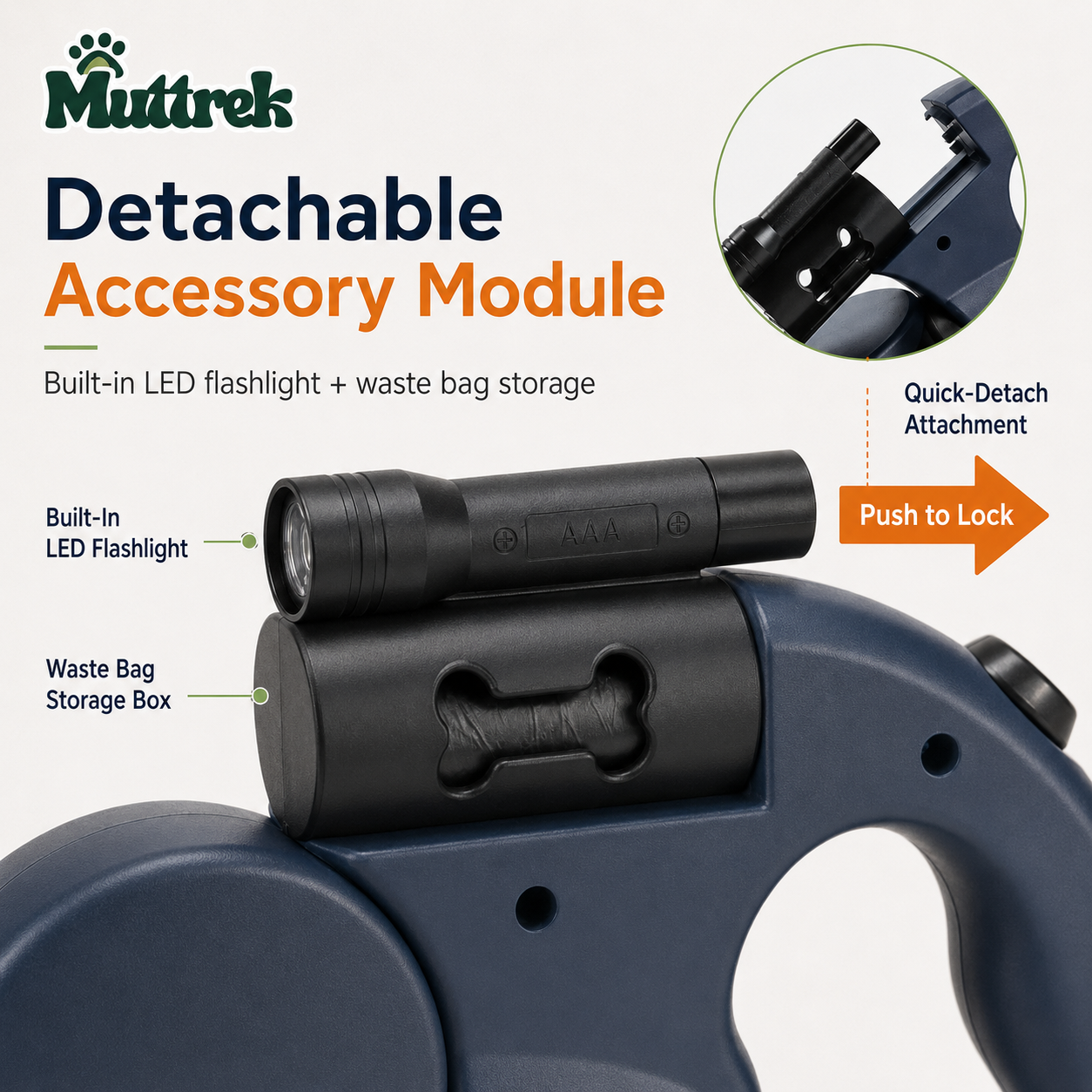 Muttrek Detachable Accessory Module for a dog leash, featuring a built-in LED flashlight and waste bag storage box, with a circular inset showing quick-detach attachment.