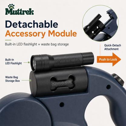 Muttrek Detachable Accessory Module for a dog leash, featuring a built-in LED flashlight and waste bag storage box, with a circular inset showing quick-detach attachment.
