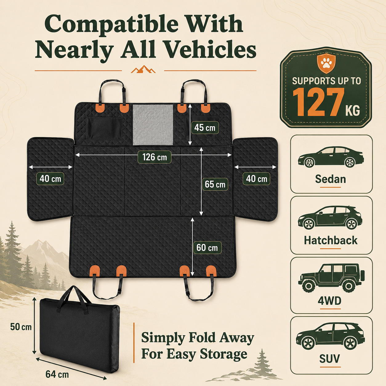 A black expandable vehicle mat shown unfolded with dimensions labeled, plus a folded version with storage dimensions. Text reads 'Compatible With Nearly All Vehicles' and includes vehicle type icons for sedan, hatchback, 4WD, and SUV, plus a badge stating it supports up to 127 kg.