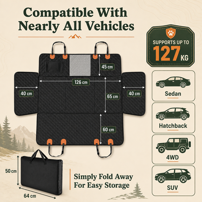 A black expandable vehicle mat shown unfolded with dimensions labeled, plus a folded version with storage dimensions. Text reads 'Compatible With Nearly All Vehicles' and includes vehicle type icons for sedan, hatchback, 4WD, and SUV, plus a badge stating it supports up to 127 kg.