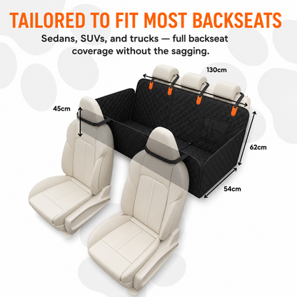 A black quilted car backseat cover shown fitted over two cream-colored car seats, with measurement labels and orange text reading 'TAILORED TO FIT MOST BACKSEATS' and dimensions including 130cm, 62cm, 54cm, and 45cm.