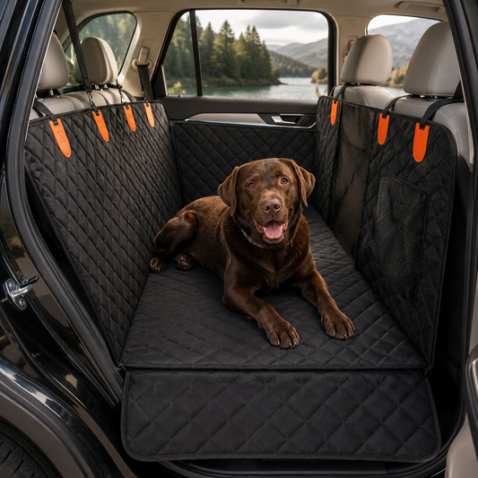 Chocolate Labrador lying on a black hard bottom dog car seat cover that extends over the back seat footwell of an SUV
