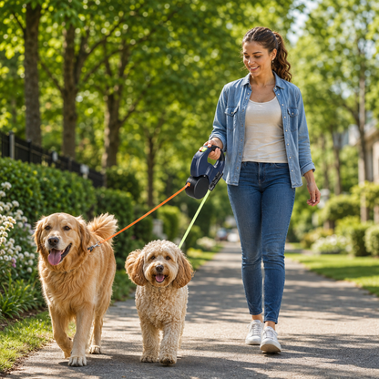 A woman walks a black retractable dog leash with two dogs on a sunny, tree-lined path. The leash has bright orange and light green cords, and the woman is dressed in a blue denim shirt, white tank top, and blue jeans.