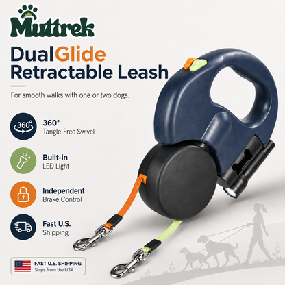 Muttrek DualGlide Retractable Leash shown on a light gray promotional background with product text and feature icons. The leash has a dark navy handle, black reel body, orange cord, and a small neon green section near the handle.