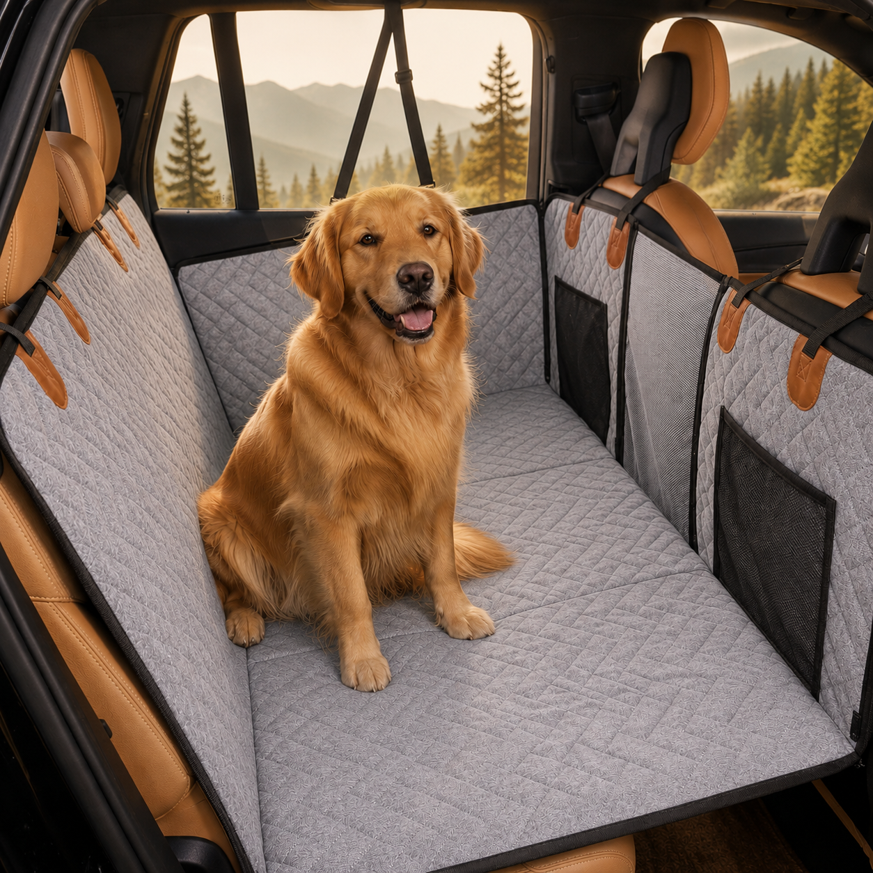 A golden retriever sits on a gray quilted car seat cover installed in the back of a vehicle, with forest scenery visible through the windows.