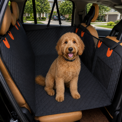 Golden doodle sitting on a black quilted RoadGuard hard bottom dog car seat cover installed across a car back seat