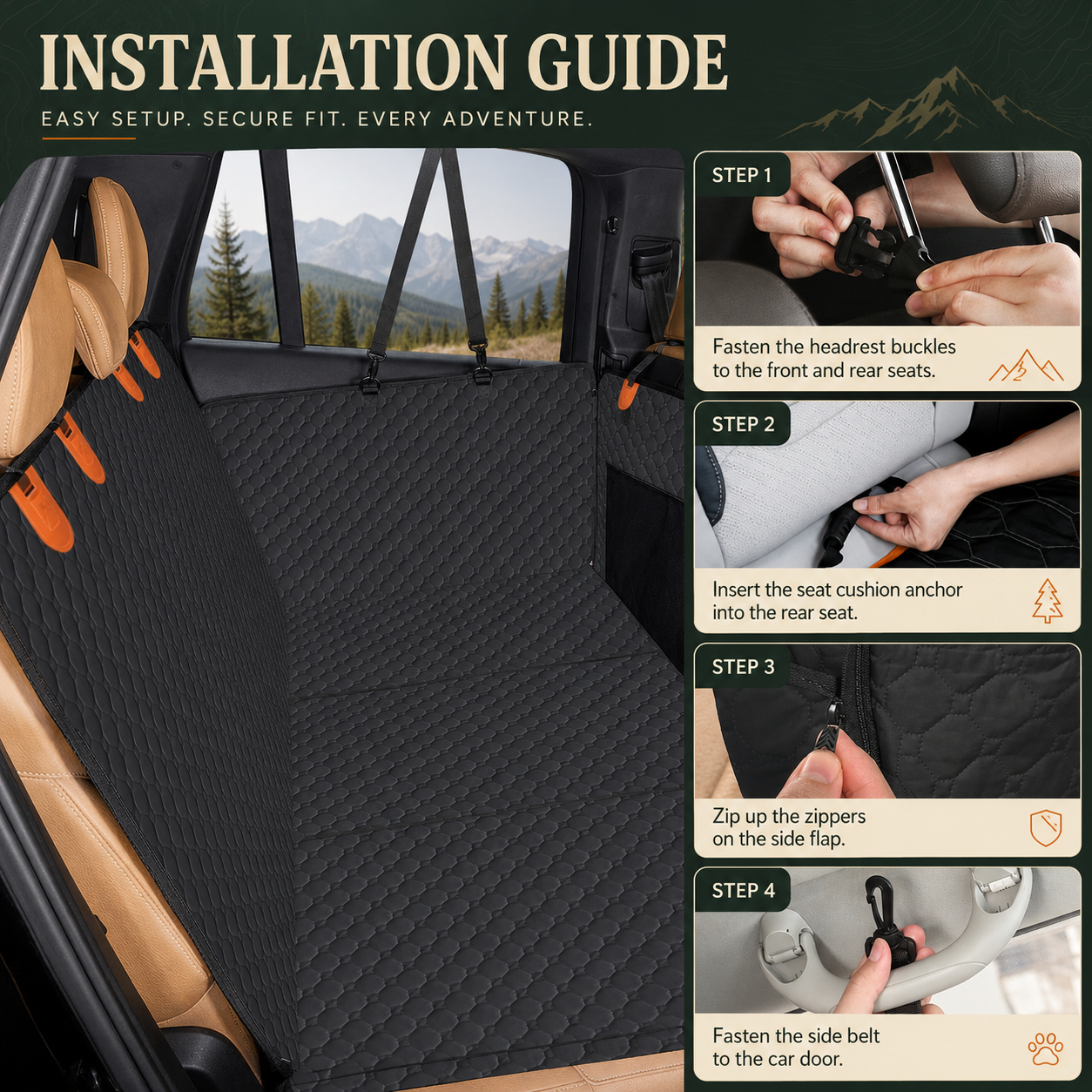 Four step installation guide for the RoadGuard dog car seat cover: fasten the headrest buckles, insert the seat cushion anchors, zip the side flaps, fasten the side belt to the car door