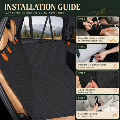 Four step installation guide for the RoadGuard dog car seat cover: fasten the headrest buckles, insert the seat cushion anchors, zip the side flaps, fasten the side belt to the car door