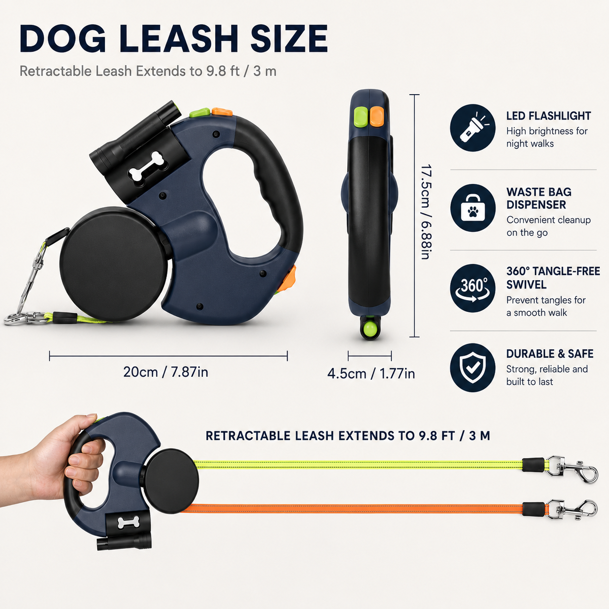 Dog leash size infographic showing a retractable leash in three views with dimensions, feature icons, and a demonstration of the leash extended by a hand on a light gray background.