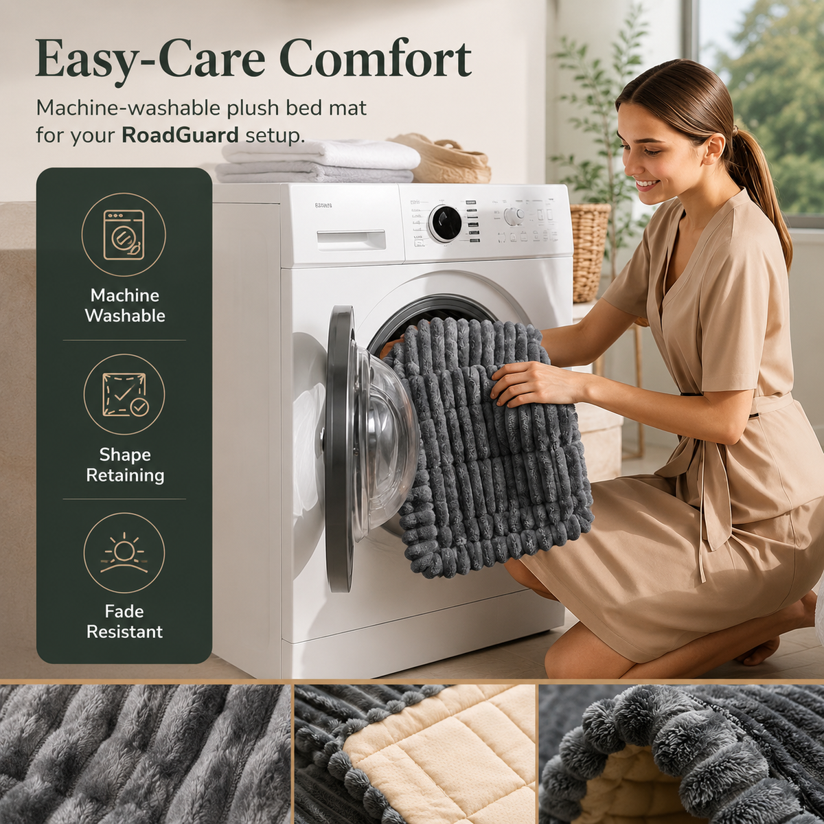 A woman in a beige robe is placing a gray plush road-ride comfort bed mat into a white washing machine next to a dark green feature callout panel. The ad includes text reading 'Easy-Care Comfort' and three feature icons for 'Machine Washable', 'Shape Retaining', and 'Fade Resistant'.