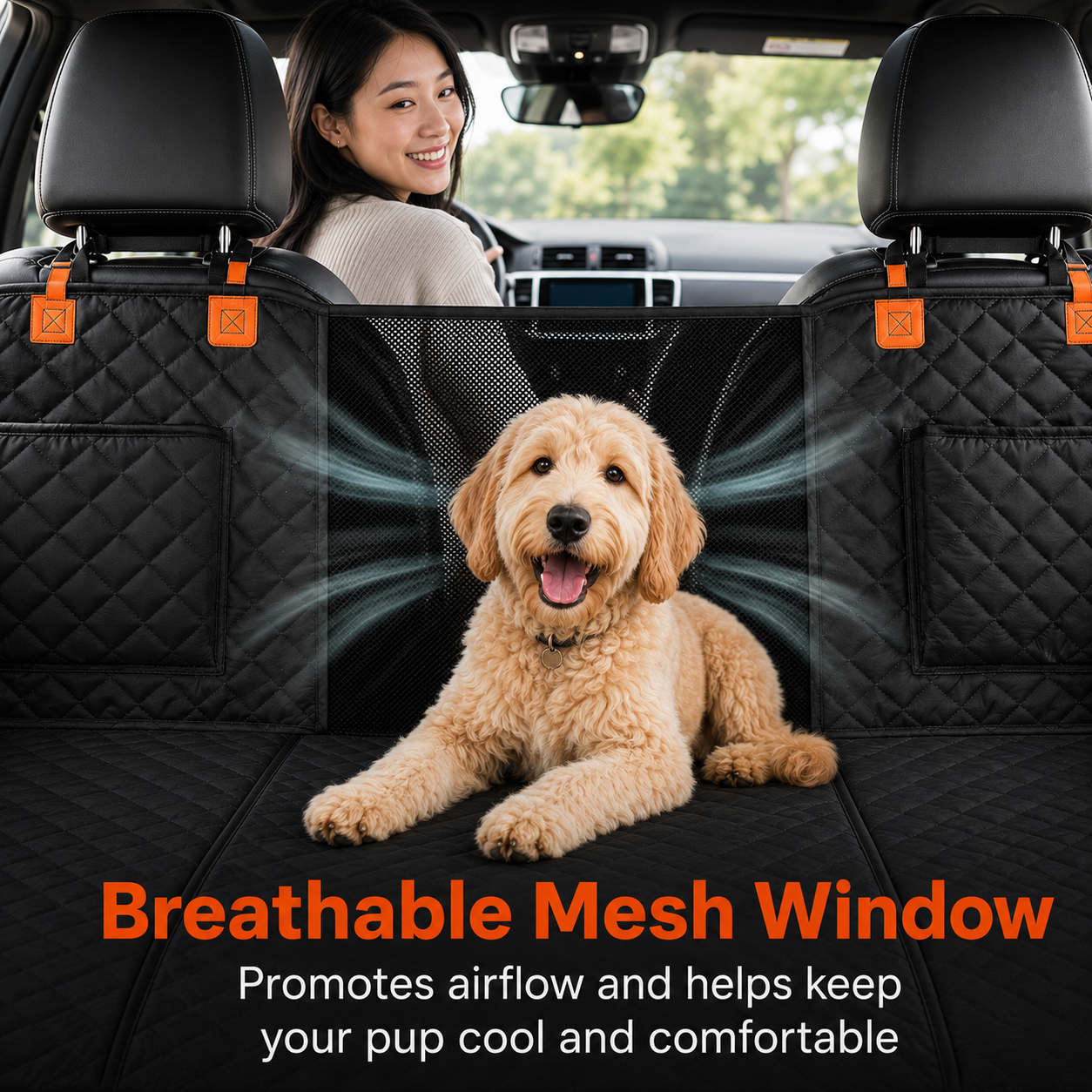 A black quilted pet car seat cover installed across a car's back seat, with a golden retriever lying on the cover and a woman seated in the driver's seat behind it. The image includes marketing text at the bottom reading 'Breathable Mesh Window' and 'Promotes airflow and helps keep your pup cool and comfortable.
