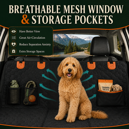 Zippered breathable mesh window and two side storage pockets on the RoadGuard dog car seat cover, holding treats and toys
