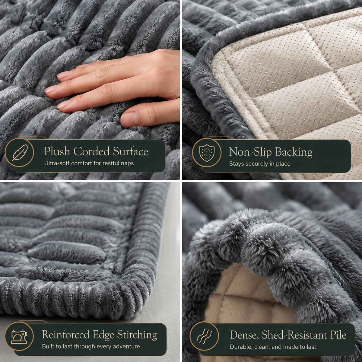Four-panel close-up collage of a gray plush corded blanket or mat, showing a hand pressing into the textured surface, the underside with a beige quilted backing, reinforced stitched edges, and dense soft pile. Text callouts mention plush corded surface, non-slip backing, reinforced edge stitching, and dense shed-resistant pile.