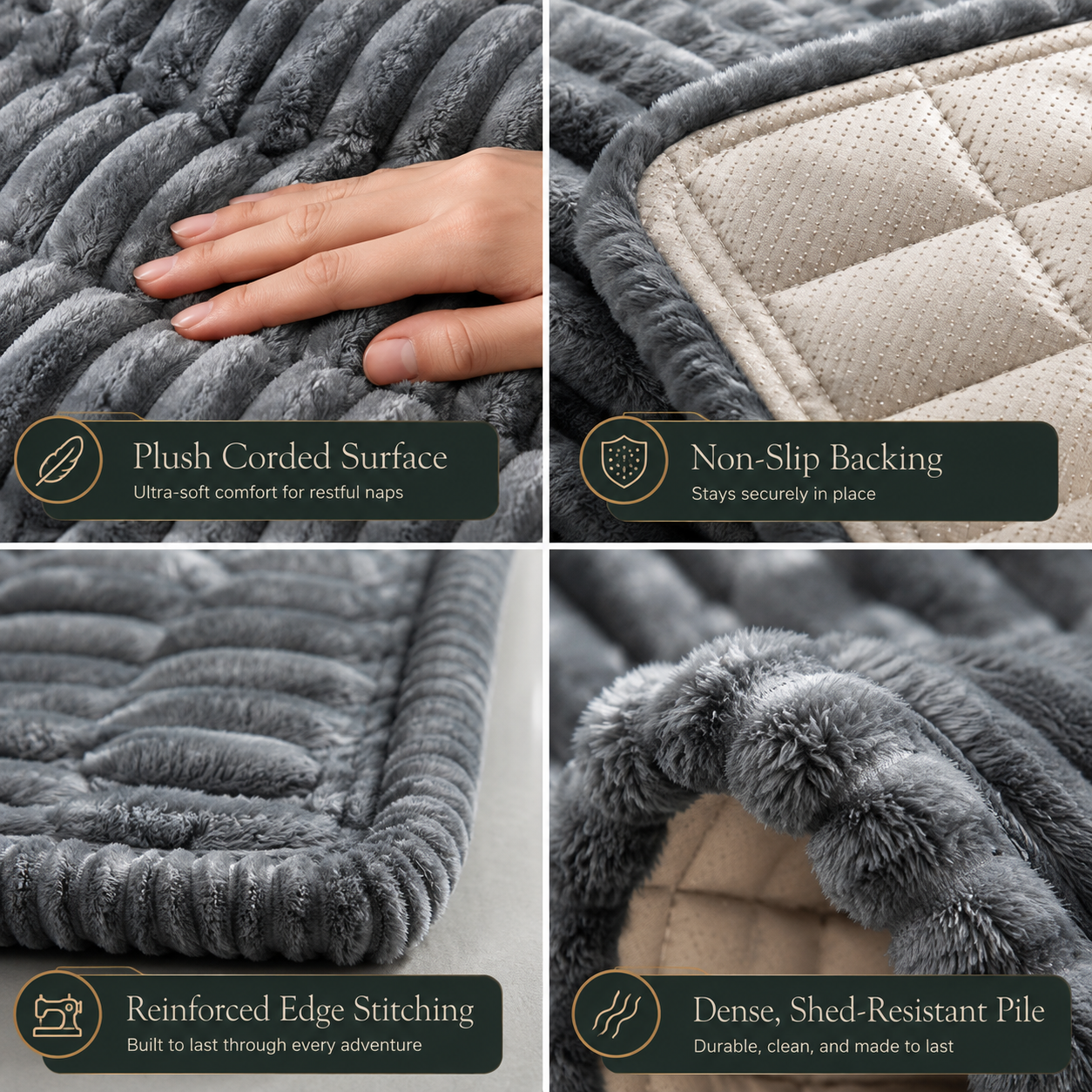 Four-panel close-up collage of a gray plush corded blanket or mat, showing a hand pressing into the textured surface, the underside with a beige quilted backing, reinforced stitched edges, and dense soft pile. Text callouts mention plush corded surface, non-slip backing, reinforced edge stitching, and dense shed-resistant pile.