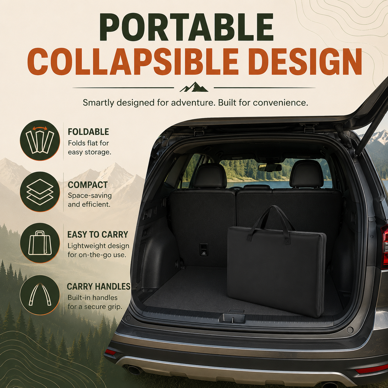 A portable collapsible camping bed or storage bag shown folded inside the open trunk of a dark SUV, with marketing text and icons on a beige outdoor-themed background. The text highlights foldable, compact, easy to carry, and carry handles features.