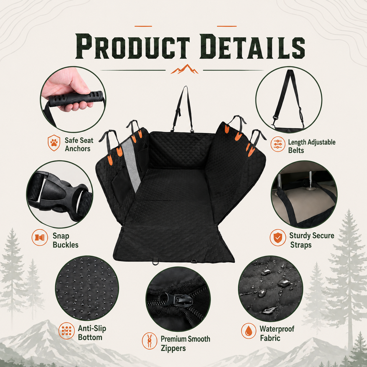 A black pet car seat cover shown on a beige product-detail graphic with feature callouts and circular inset photos. The cover is labeled with features such as adjustable seat anchors, length adjustable belts, snap buckles, sturdy secure straps, anti-slip bottom, premium smooth zippers, and waterproof fabric.