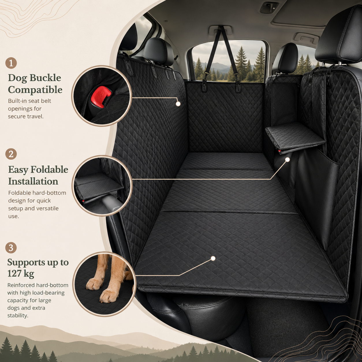 Black quilted car cargo liner set installed in the back of a vehicle, with callout circles and text listing features such as dog buckle compatibility, easy foldable installation, and support for up to 127 kg.