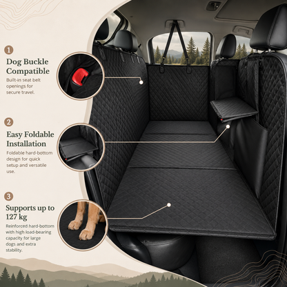 Black quilted car cargo liner set installed in the back of a vehicle, with callout circles and text listing features such as dog buckle compatibility, easy foldable installation, and support for up to 127 kg.